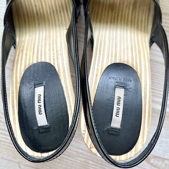 Miu‎ Miu Patent Leather Slingback Wood Platform Heel Sandals | Black 38 - Picture 6 of 13